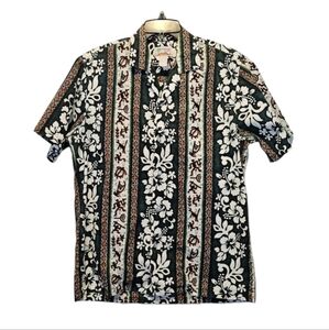 Evergreen Island Green Brown White Floral Button Up Hawaiian Shirt Size M